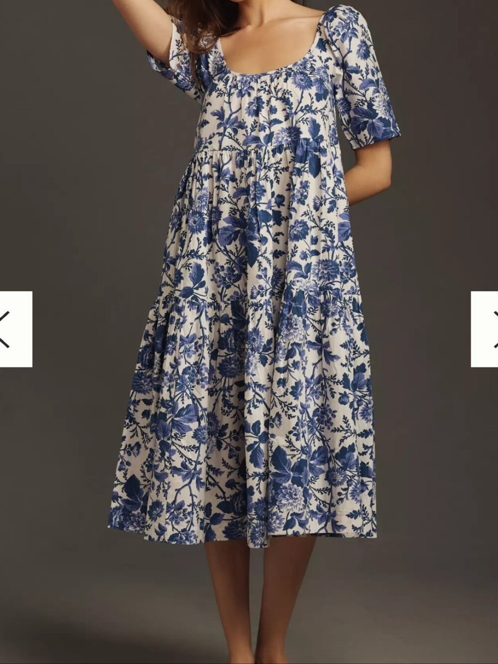 By Anthropologie Tiered Poplin Cotton Midi Dress Blue White Toile, Women's Large